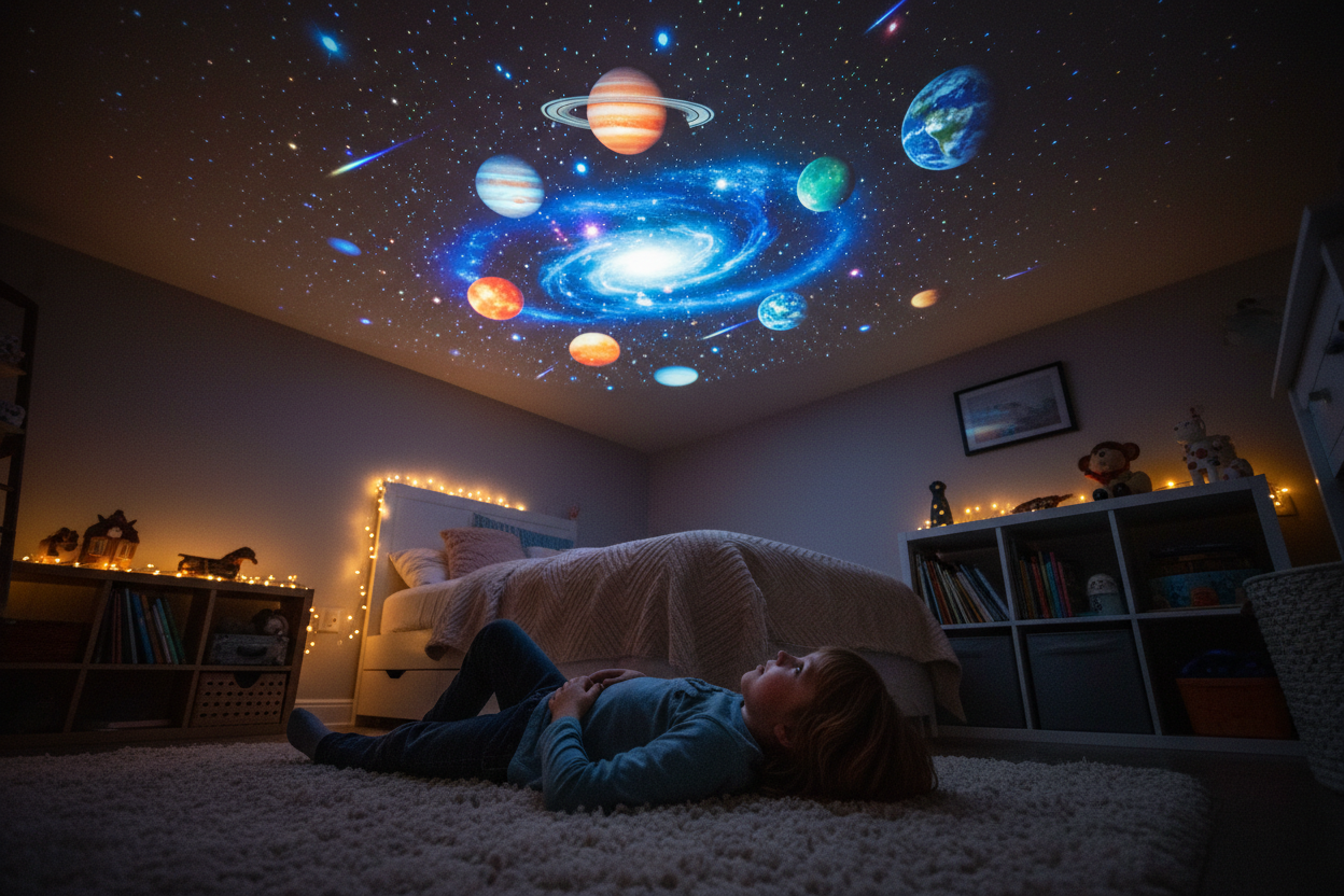 Child enjoying galaxy projector showing solar system on ceiling